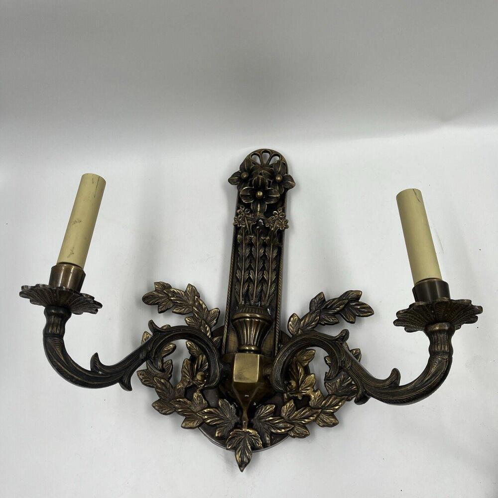Vintage SOLID BRASS DOUBLE CANDLE HANGING WALL SCONCE Floral MCM